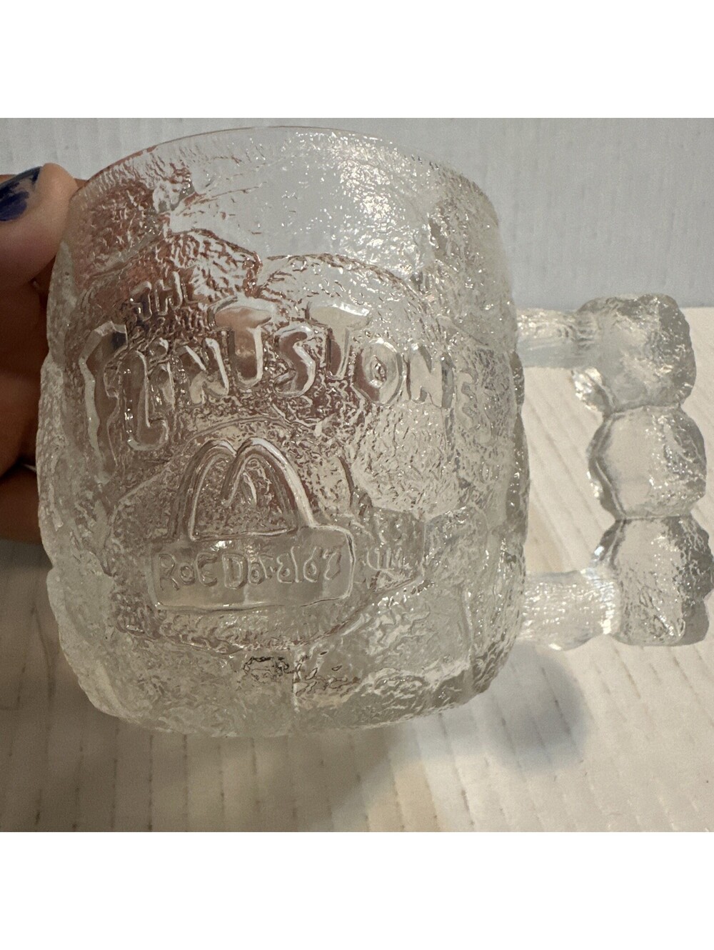 Vintage McDonalds Flintstones Rocky Road Glass Mug Etched Embossed  1993